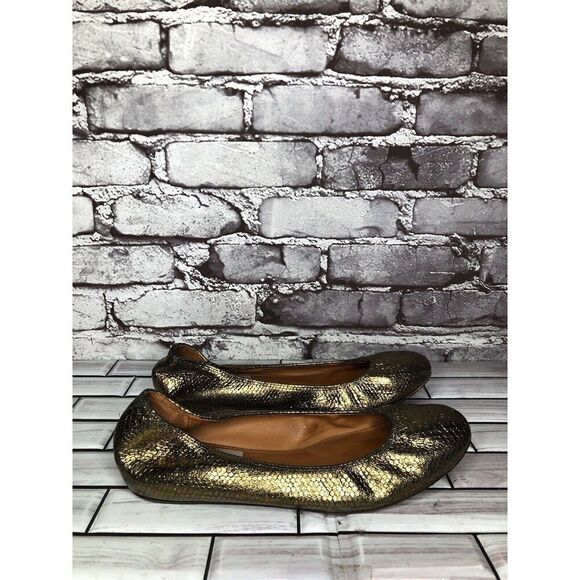 Lanvin Paris Gold Metallic Leather Snake Skin Print Ballet Flats Women Sz 39EU/8 - Picture 2 of 16